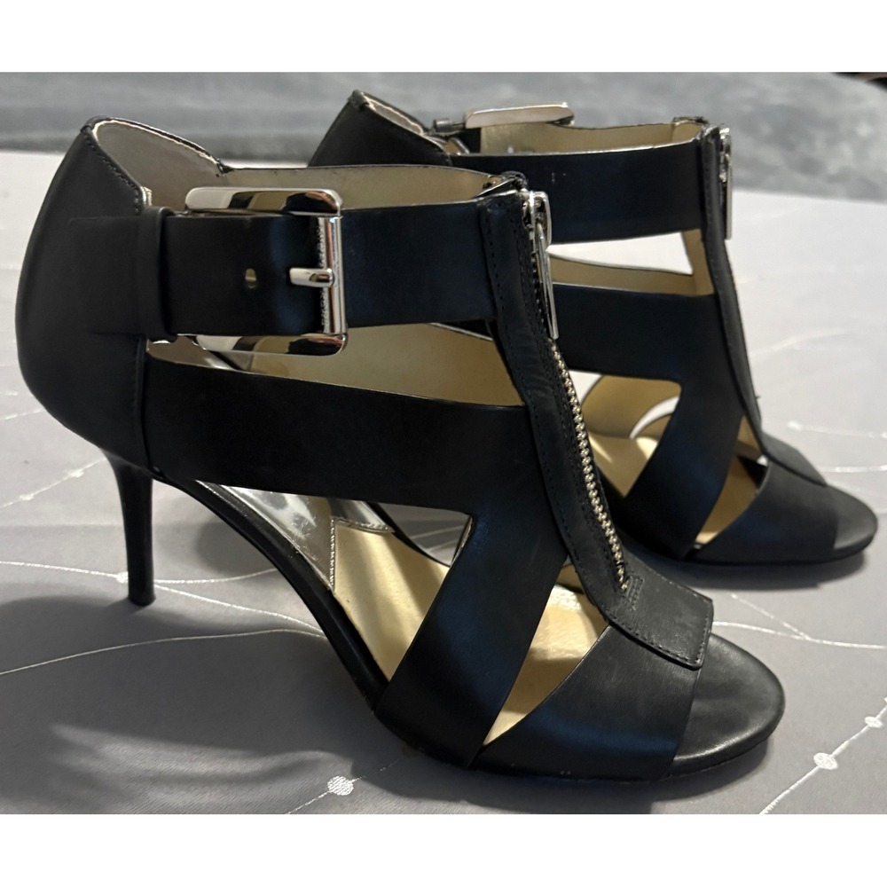Michael Kors Black Leather Zipper Cage Heels Sandals PW14J Womens 6.5M